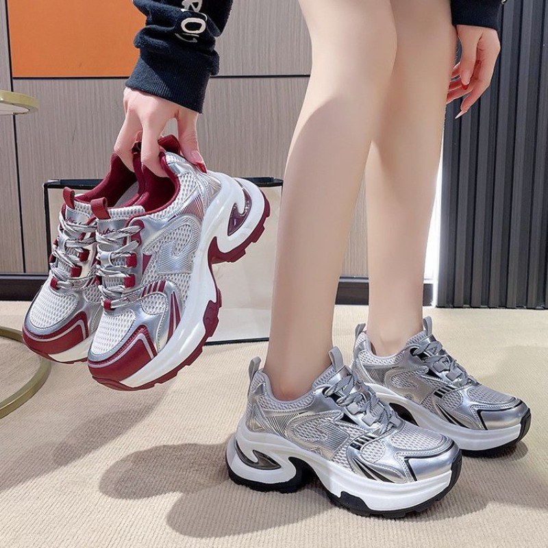 Women'S Shoes Burgundy - Women Platform Chunky Sneakers,silver‑burgundy color‑block.Breathable mesh