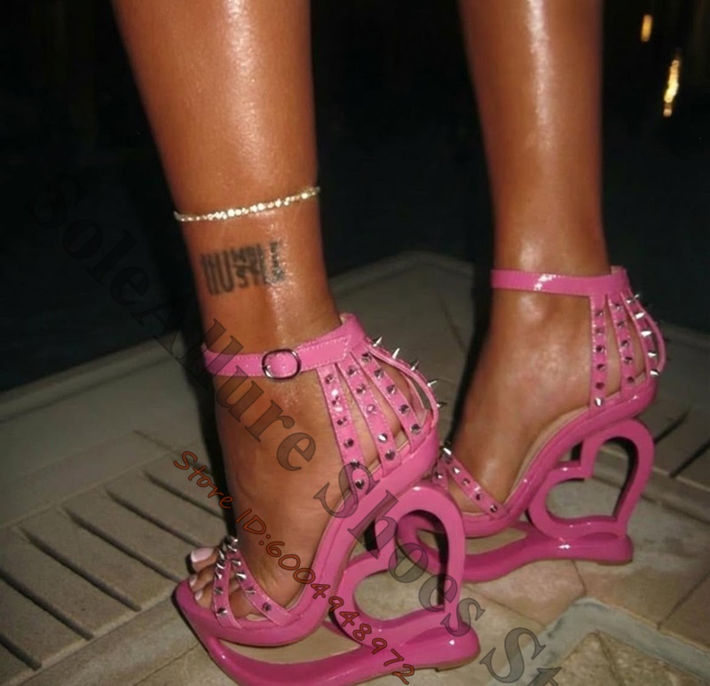 Women Shoes Wedges - Hot Pink Spike Stud Caged Heart